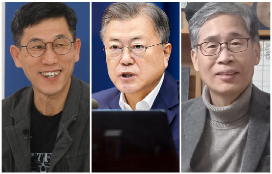 (왼쪽부터) 진중권 전 동양대학교 교수, 문재인 전 대통령, 신평 변호사. <신평 SNS, 청와대 제공, 연합뉴스>